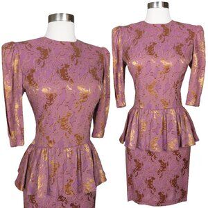 Vintage 80s Pink Metallic Gold Ruffle Peplum Sheath Cocktail Party Dress S Small